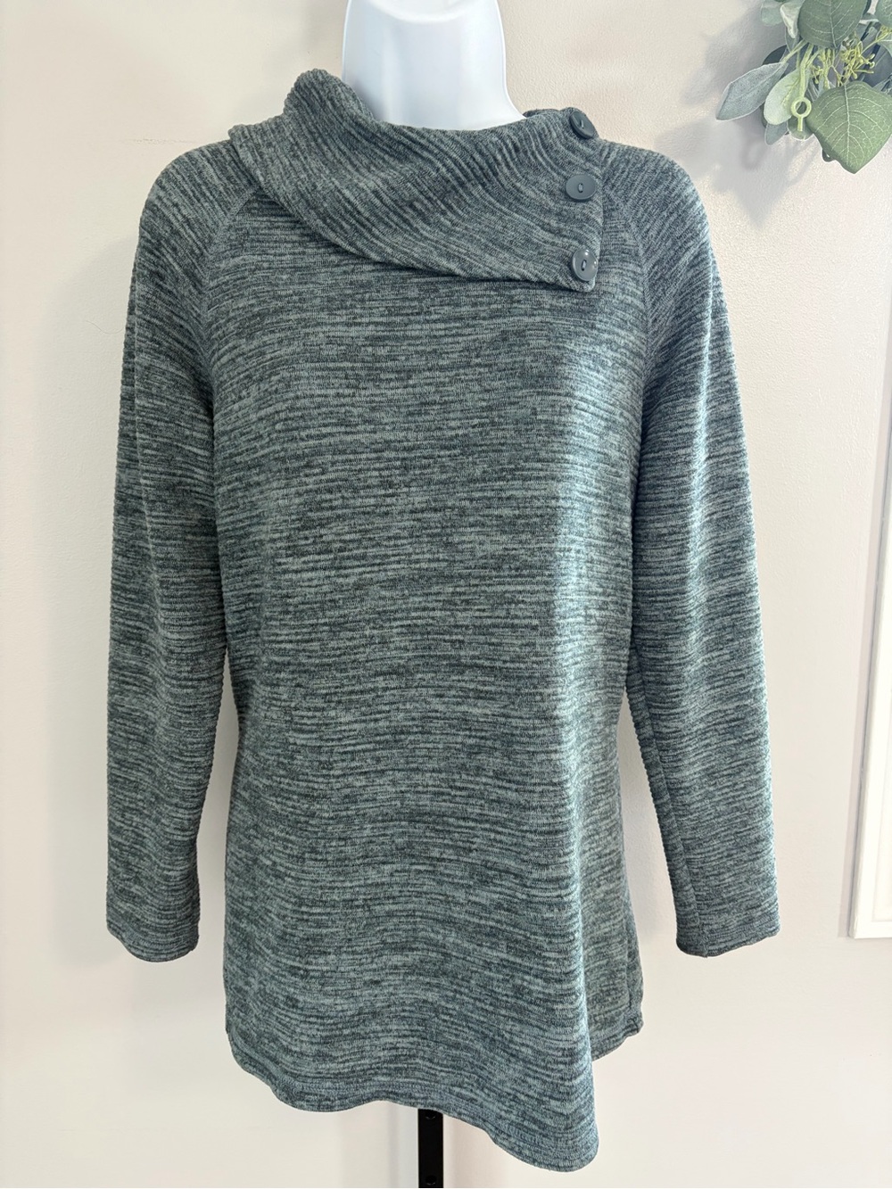 Christopher & Banks Marled Heather Gray Button Cowl-Neck Sweater